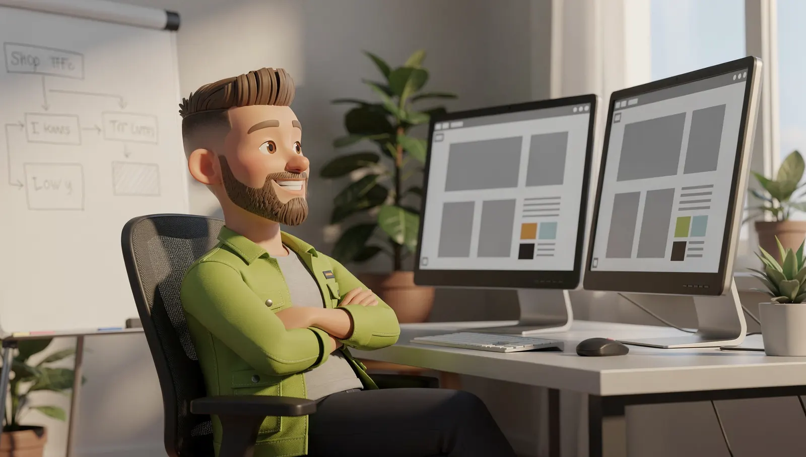 Jonas as a drawn figure at his desk, pointing at the layout of a shop page with colour swatches on screen.