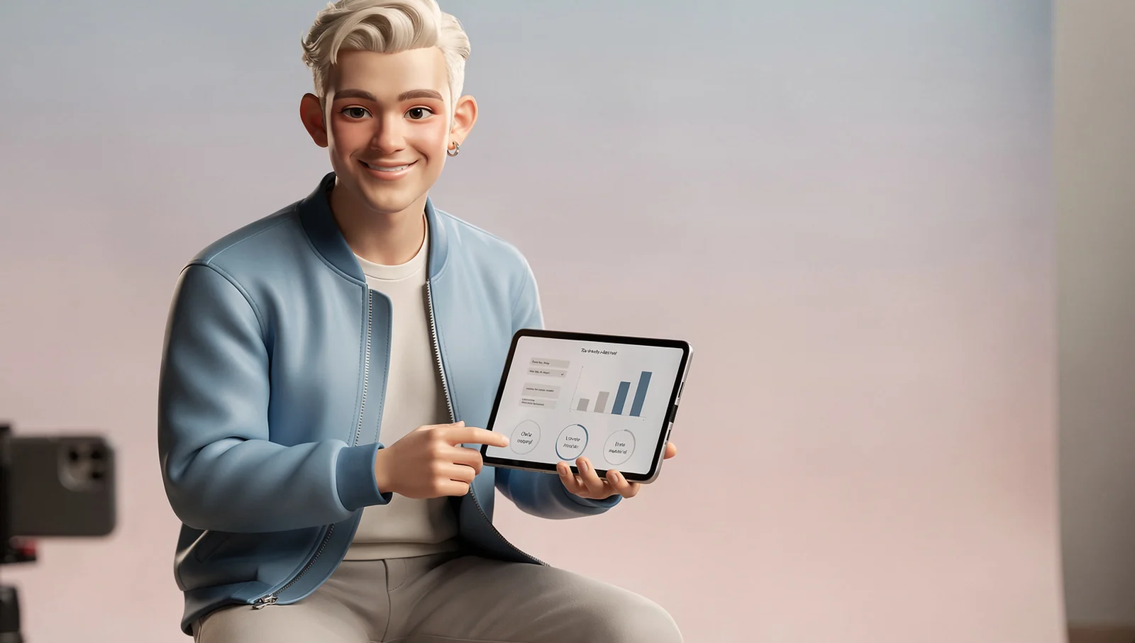 Kai as a drawn figure in a small studio with a ring light, circling a figure on a bar chart.