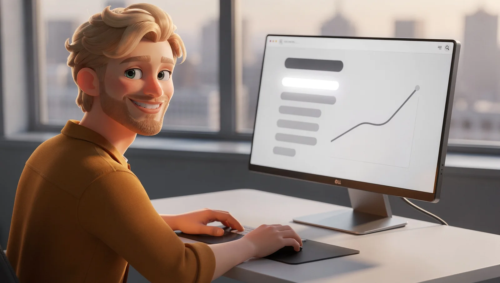 Leo as a drawn figure at his desk, pointing at the top result of a search page on screen, a rising curve beside it.