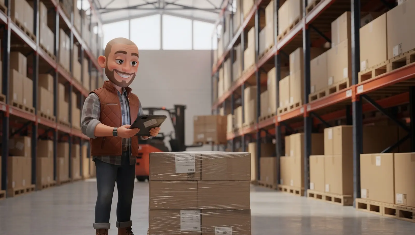 Oskar as a drawn figure in a warehouse aisle, measuring a carton on a pallet with a folding ruler.