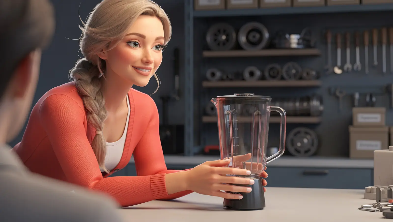 Sonja as a drawn figure at a service workbench, inspecting a blender jar with a repair tag.