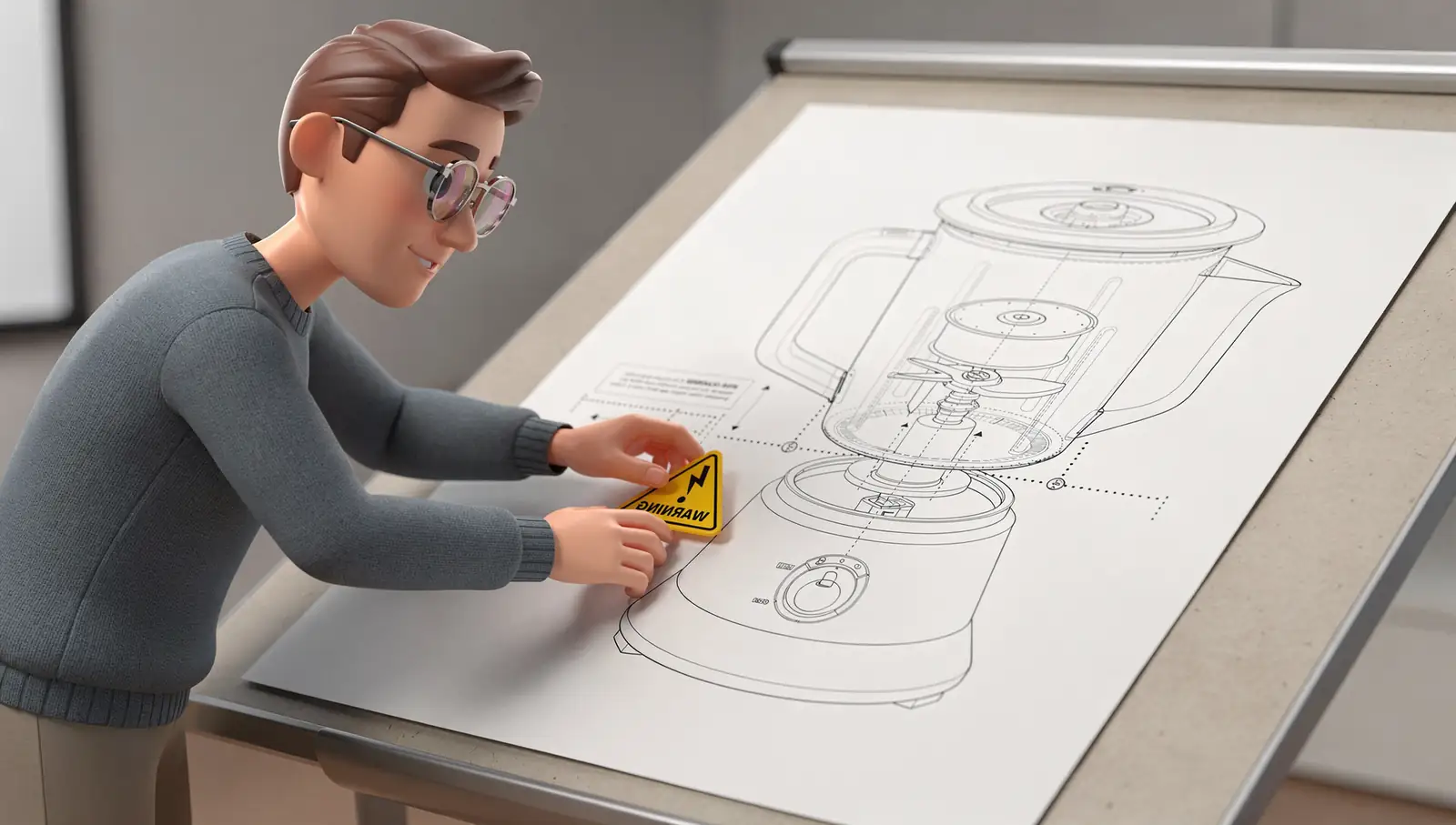 Tim as a drawn figure at a drafting table, placing a warning triangle beside the blade assembly of an exploded view.